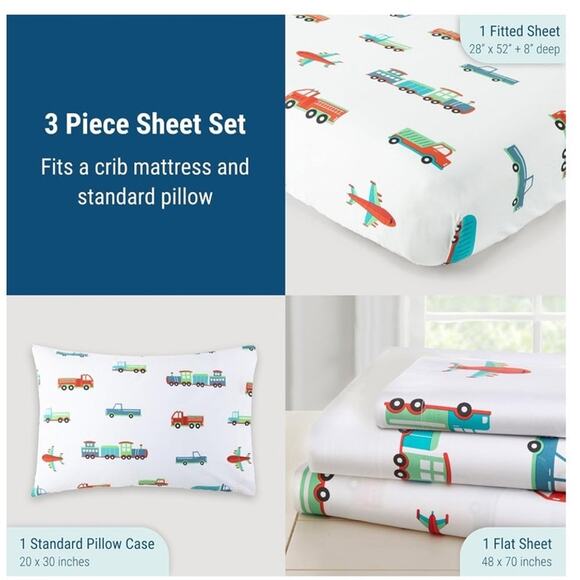 Kids' White and Multicolor Vehicle Print Sheet Set - Picture 2 of 6
